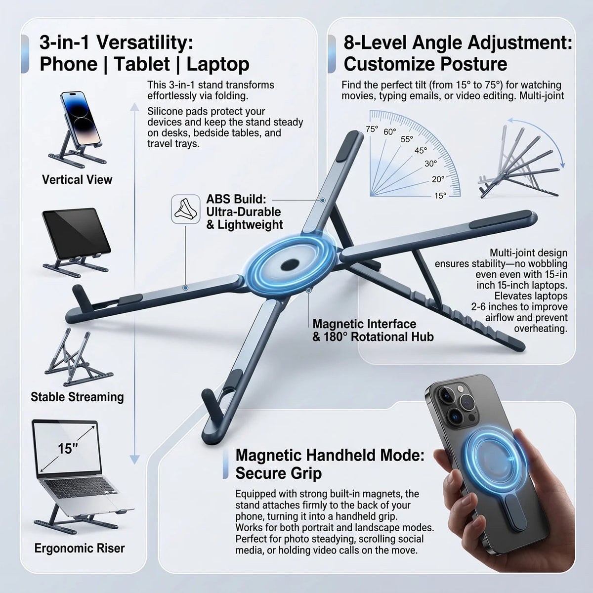 Foldable Magnetic Laptop Stand ABS Plastic Portable Adjustable Stand - My 2 buyOther