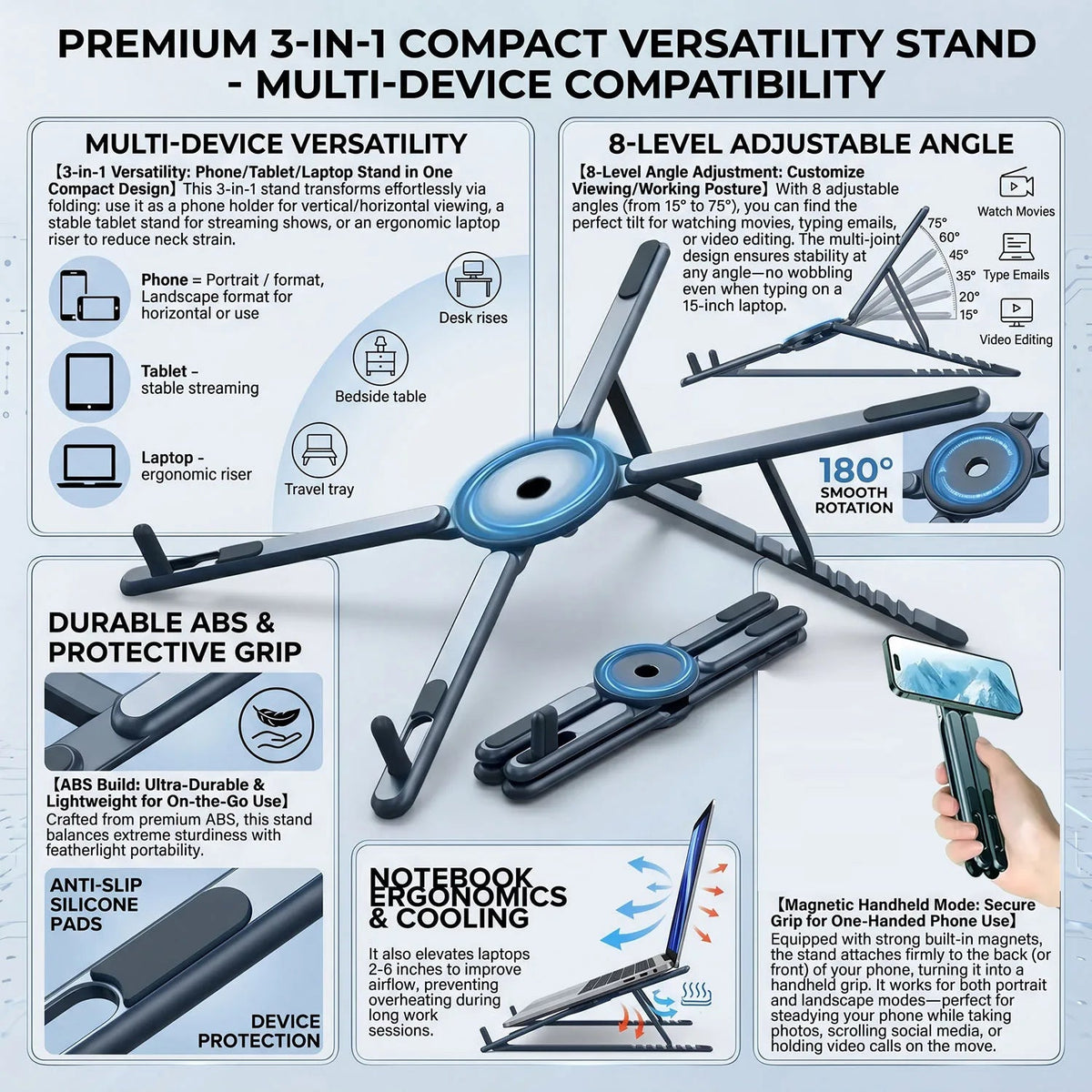 Foldable Magnetic Laptop Stand ABS Plastic Portable Adjustable Stand - My 2 buyOther